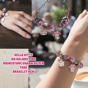 #11 HELLO KITTY CHARM BRACELET MY MELODY PINK STONE SILVER TONE NEW